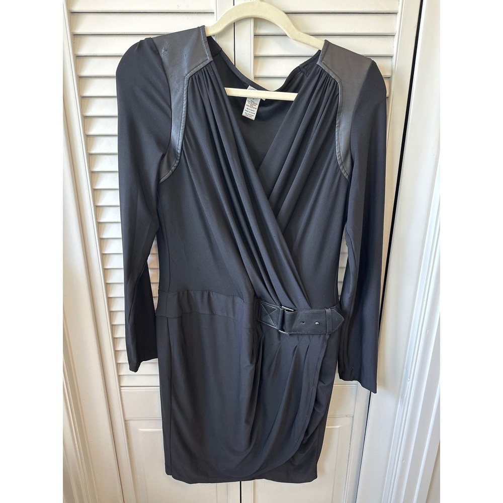 Cache Black Long Sleeve Faux Leather Trim Wrap Dress Buckle Detail Sz M(8)